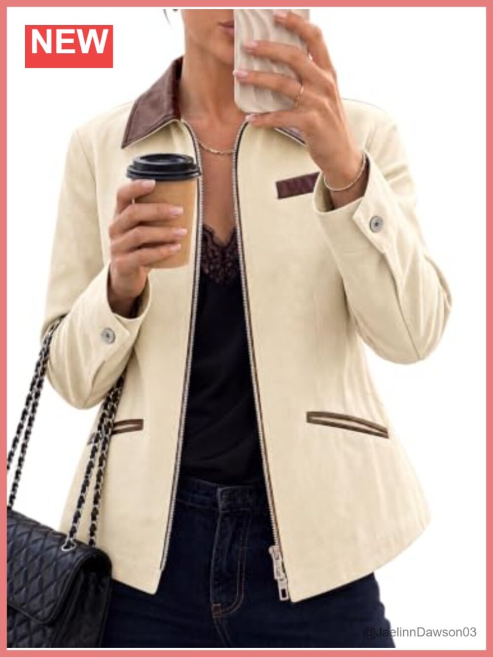 Cropped Barn Jacket Faux Leather Collar Zip Up Coat Slim Fit